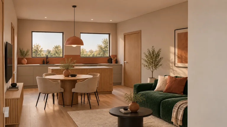 The same living room with a green velvet sofa