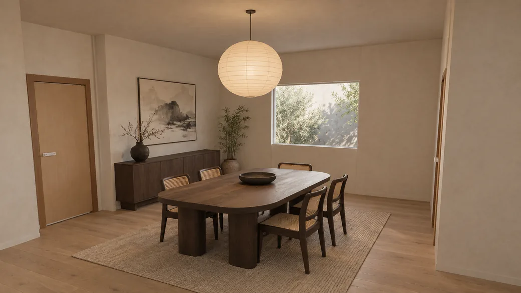 Final frame of the same dining area in Japandi style