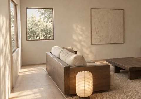 Japandi living room with a garden window — a real Roomsee frame