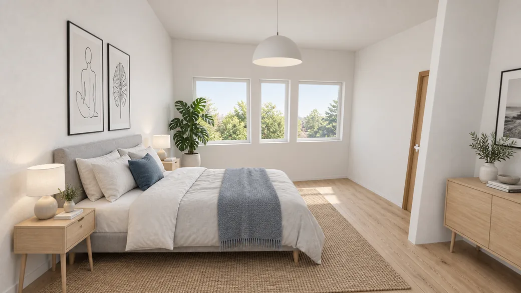 Final frame of a bedroom in Scandinavian style