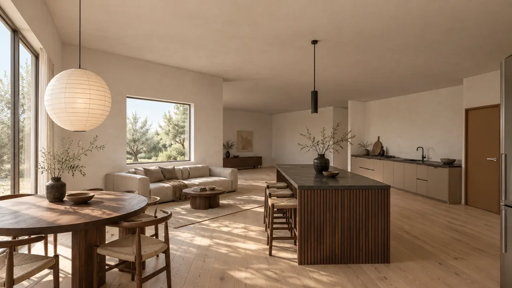 Kitchen and living room in Japandi — a real Roomsee frame