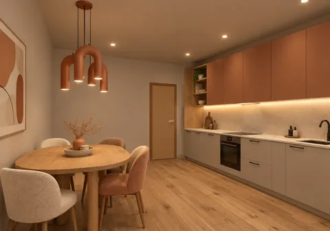 Terracotta Calm kitchen with a dining table — a real Roomsee frame