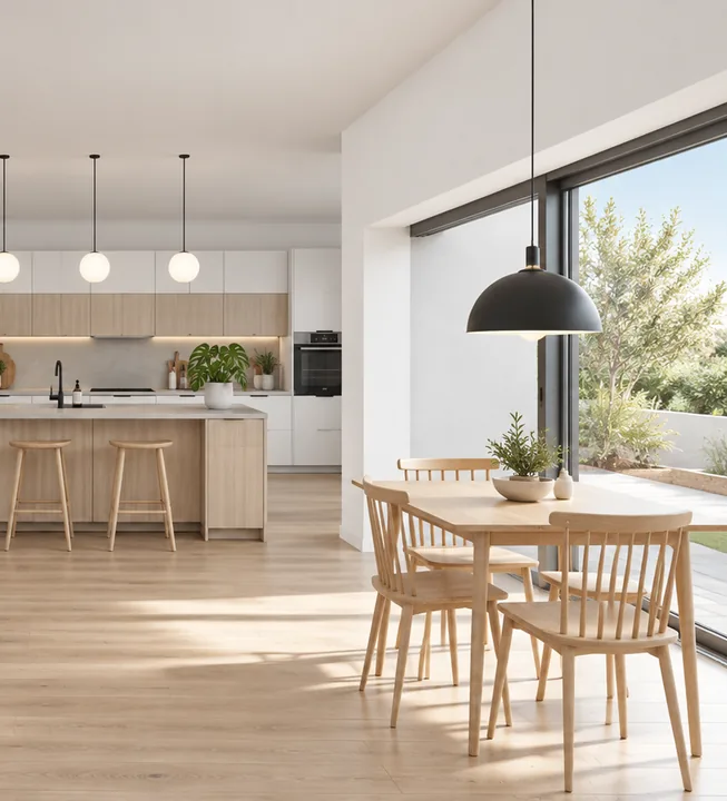 Scandinavian kitchen and dining room with a glass wall to the garden — a real Roomsee frame